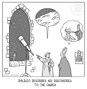 The Importance of Balancing Your Emotions with Logic - image galileo-telescope-church-cartoon-chris-madden-294x300 on https://thedreamcatch.com